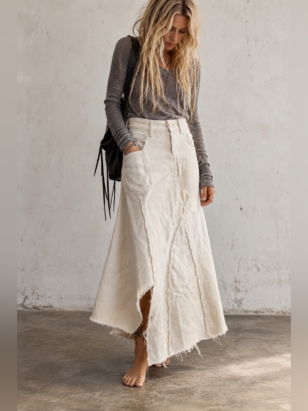 Zara XS Ecru Deconstructed Denim Maxi Skirt Raw Hem Asymmetrical Patchwork
